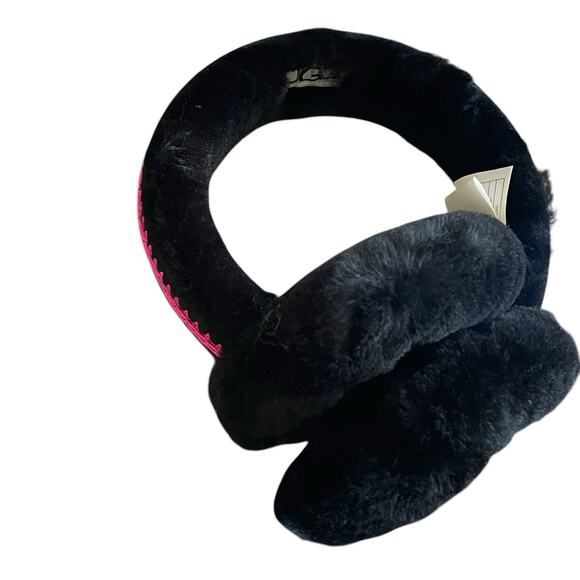 UGG Women OS Black Pink Shearling Sheepskin Embroidered Earmuffs Logo NWT + Box